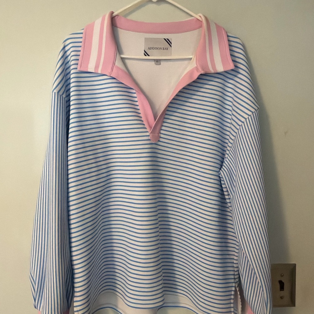 Addison Bay Blue & White Striped Performance Polo Top Pink Collar XL - Picture 2 of 5